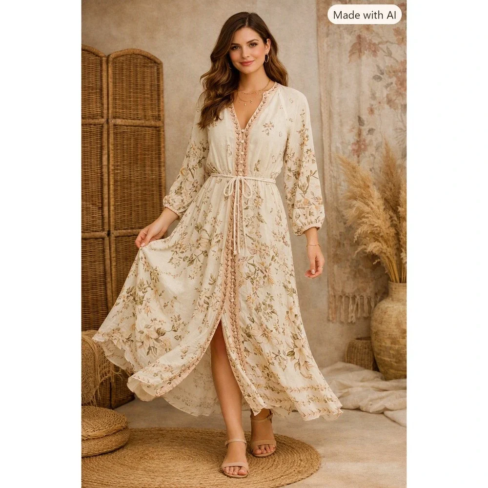 Calypso Maxi Dress Womens Small Floral Cottagecore Linen Blend Garden Party Boho